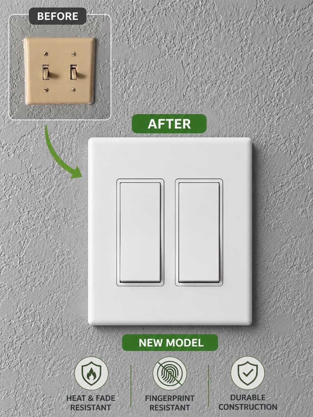 Light switch replacement — before and after, old switch plate replaced with a new switch plate