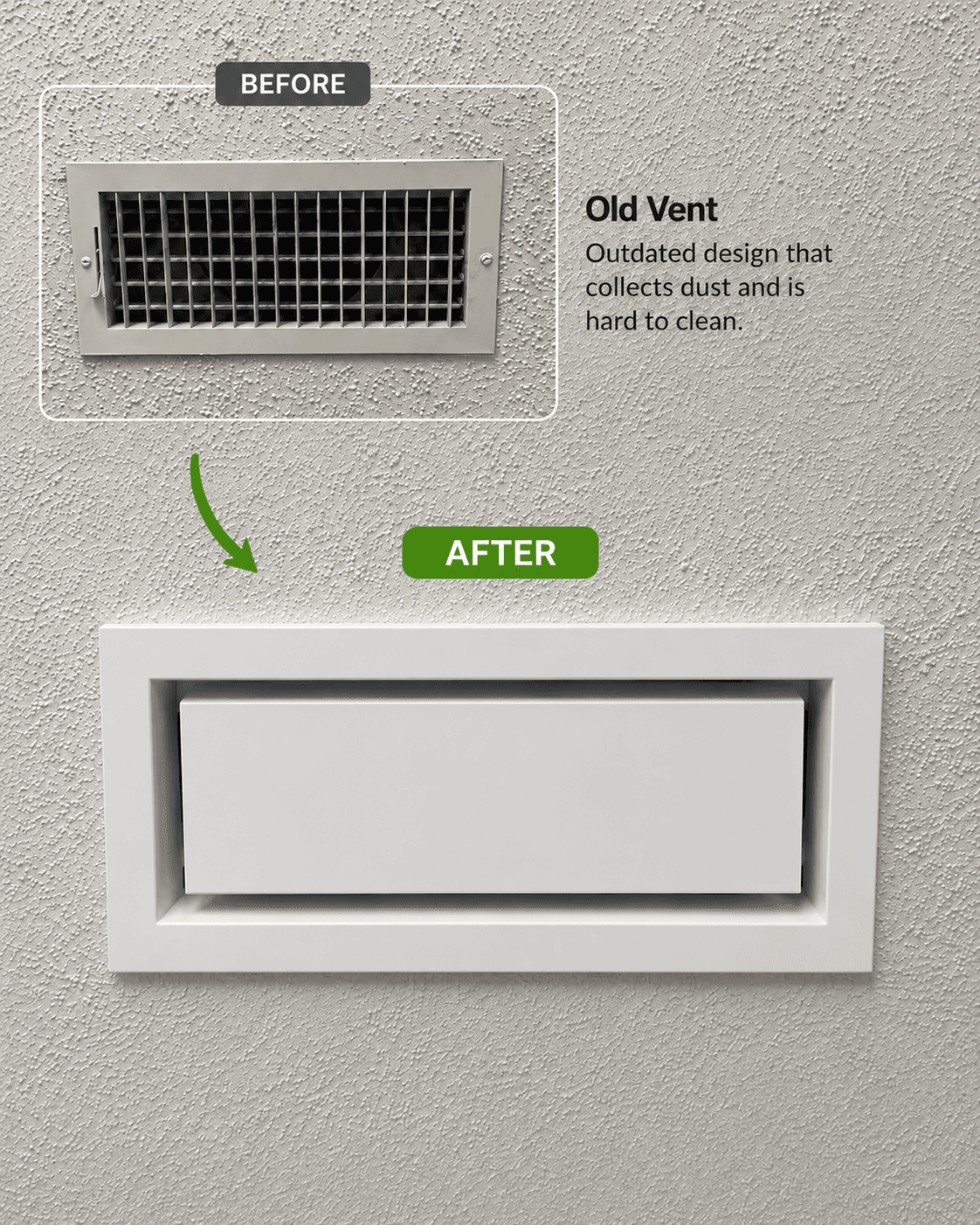 Vent replacement — before and after, old metal vent replaced with a new vent cover